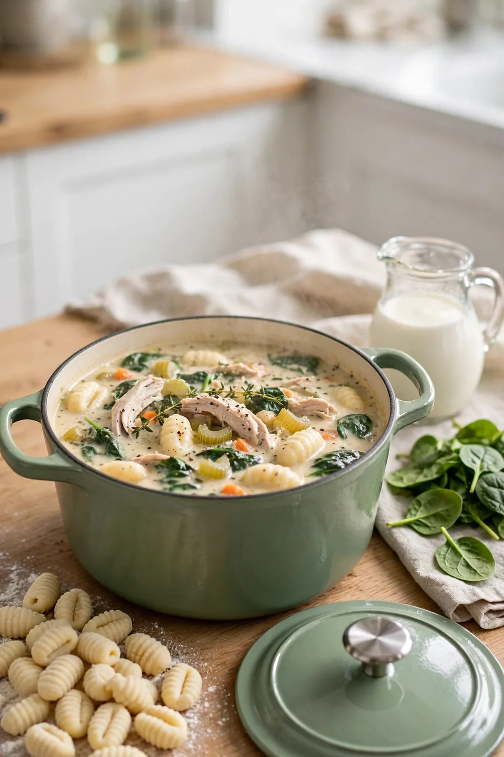 Make ahead pot of chicken and gnocchi soup base with lid beside on counter
