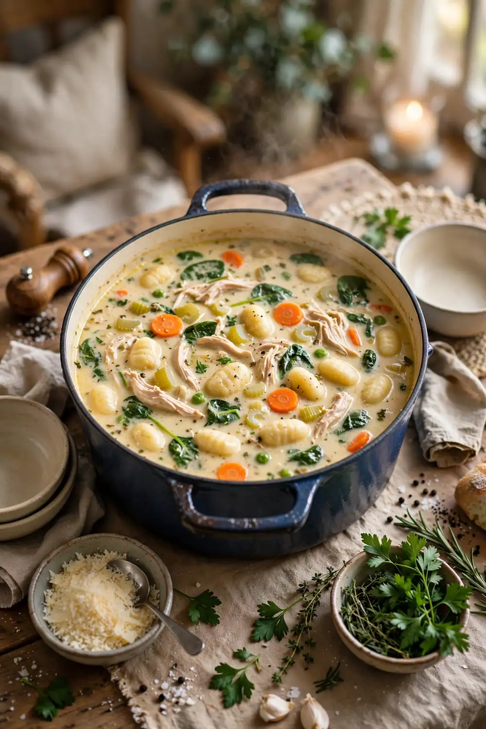 Large pot of chicken and gnocchi soup with bowls parmesan and herbs for a crowd