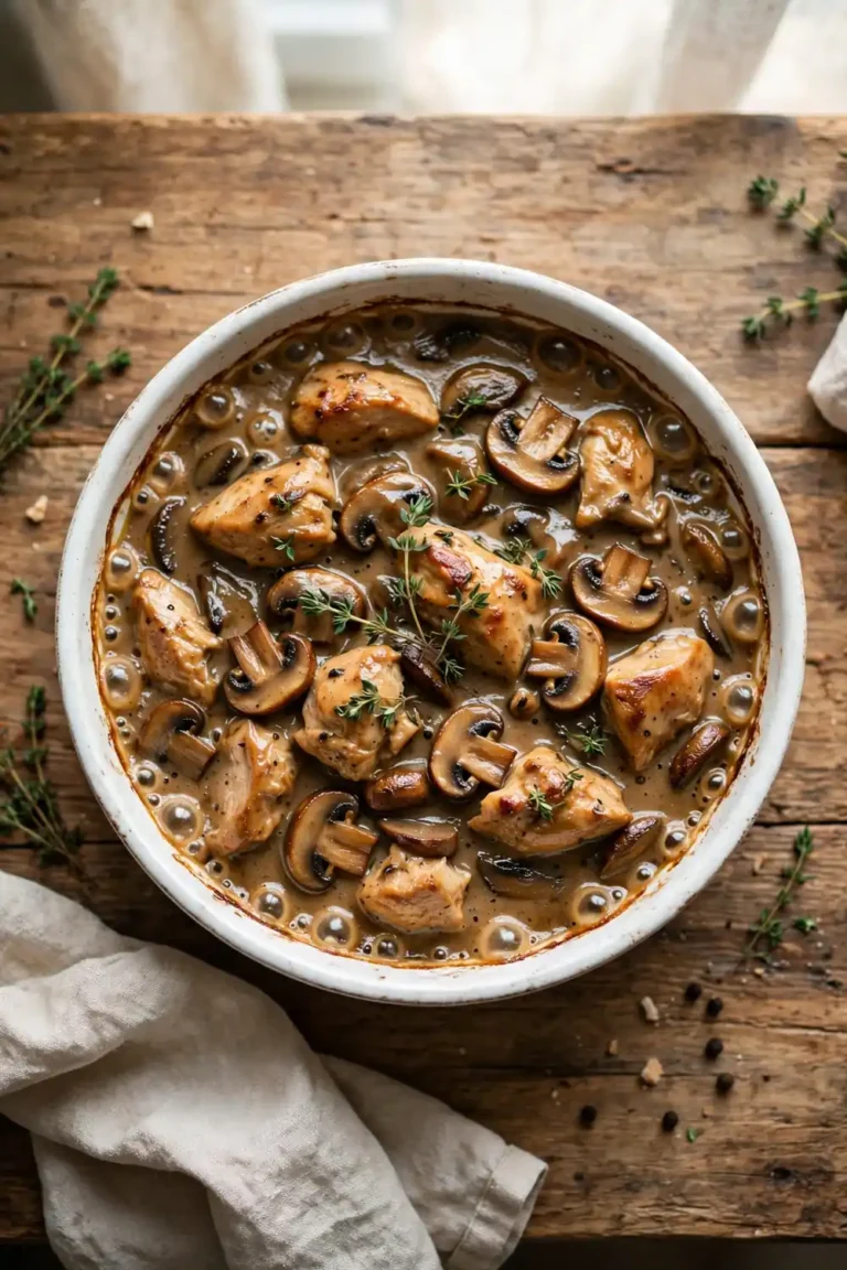 Classic marsala bake with chicken and mushrooms in a white ceramic dish