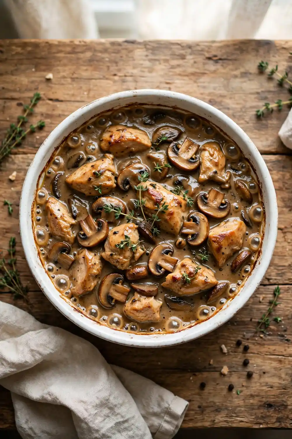 Classic marsala bake with chicken and mushrooms in a white ceramic dish