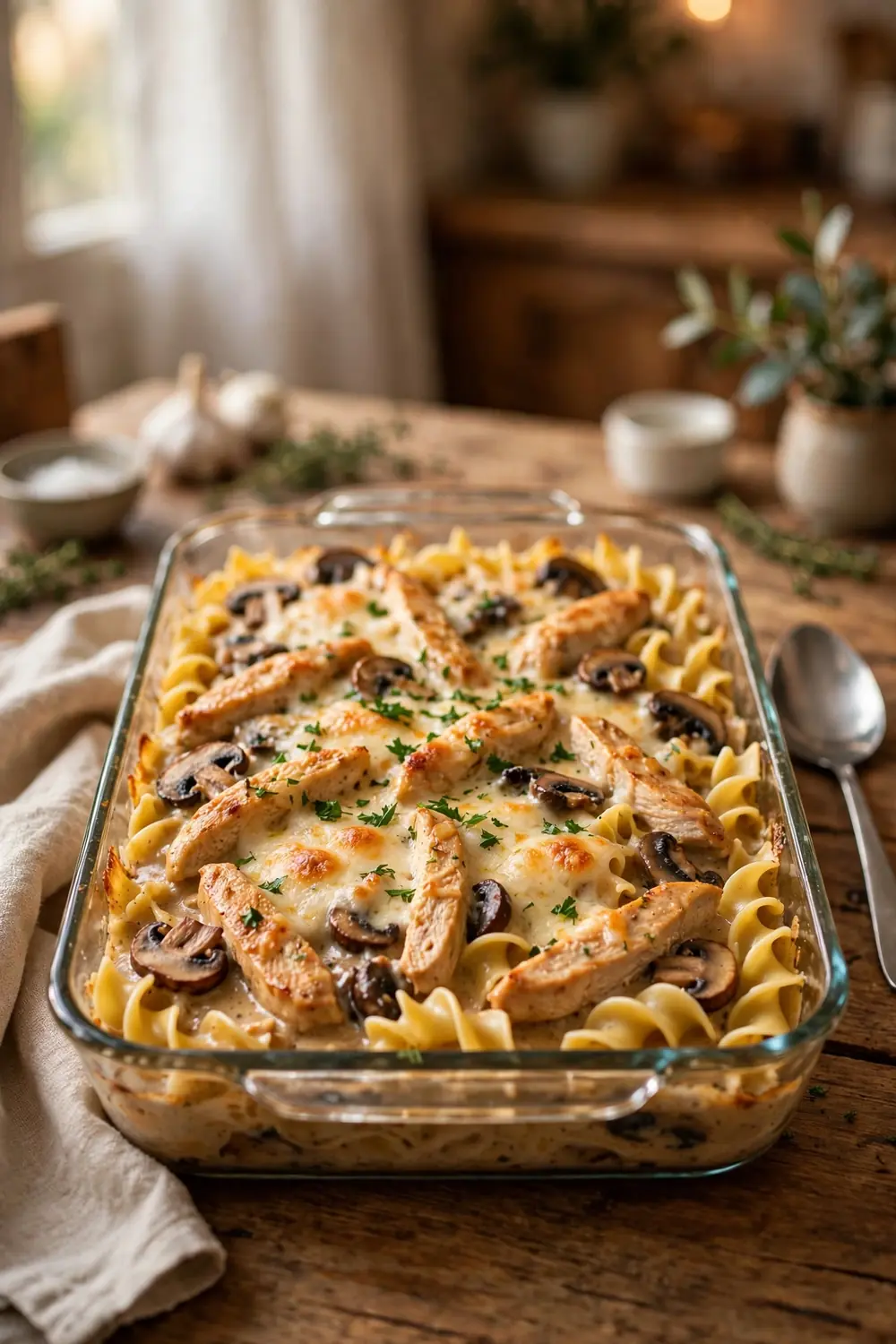 Creamy noodle marsala bake with chicken and melted cheese