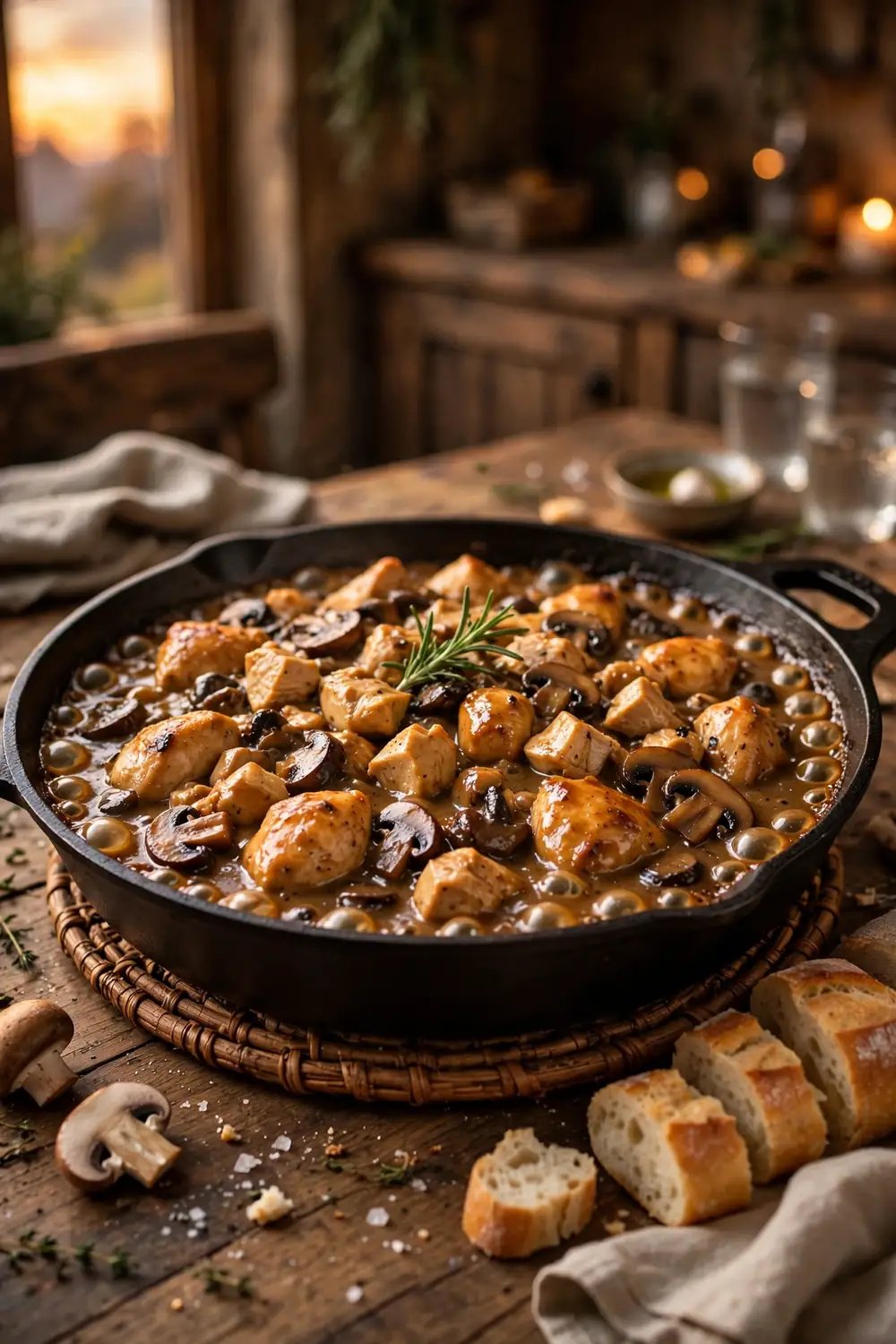 Marsala chicken served from a cast iron skillet with rosemary