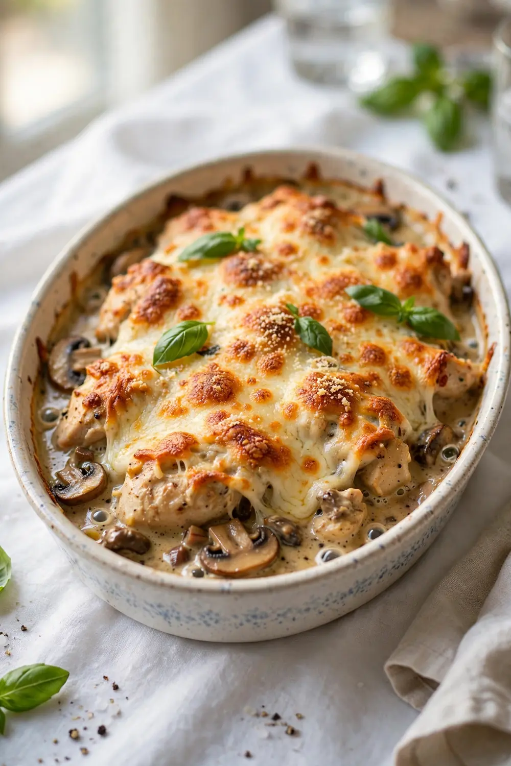 Marsala bake with a cheesy golden top and fresh basil