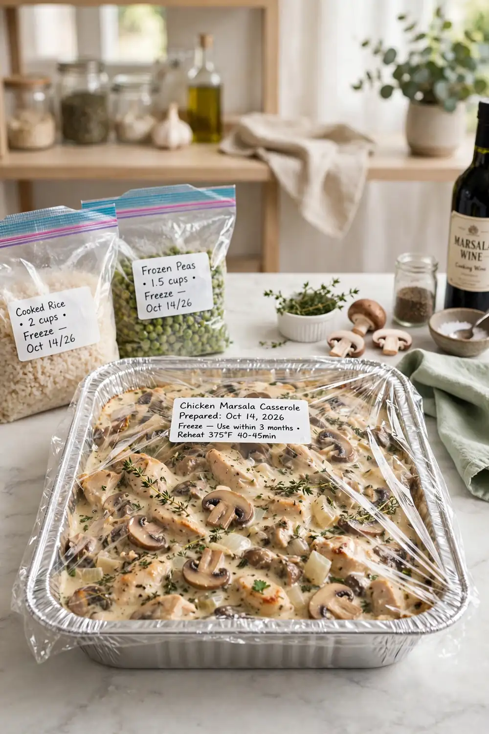 Marsala chicken bake prepared for freezing in a foil pan