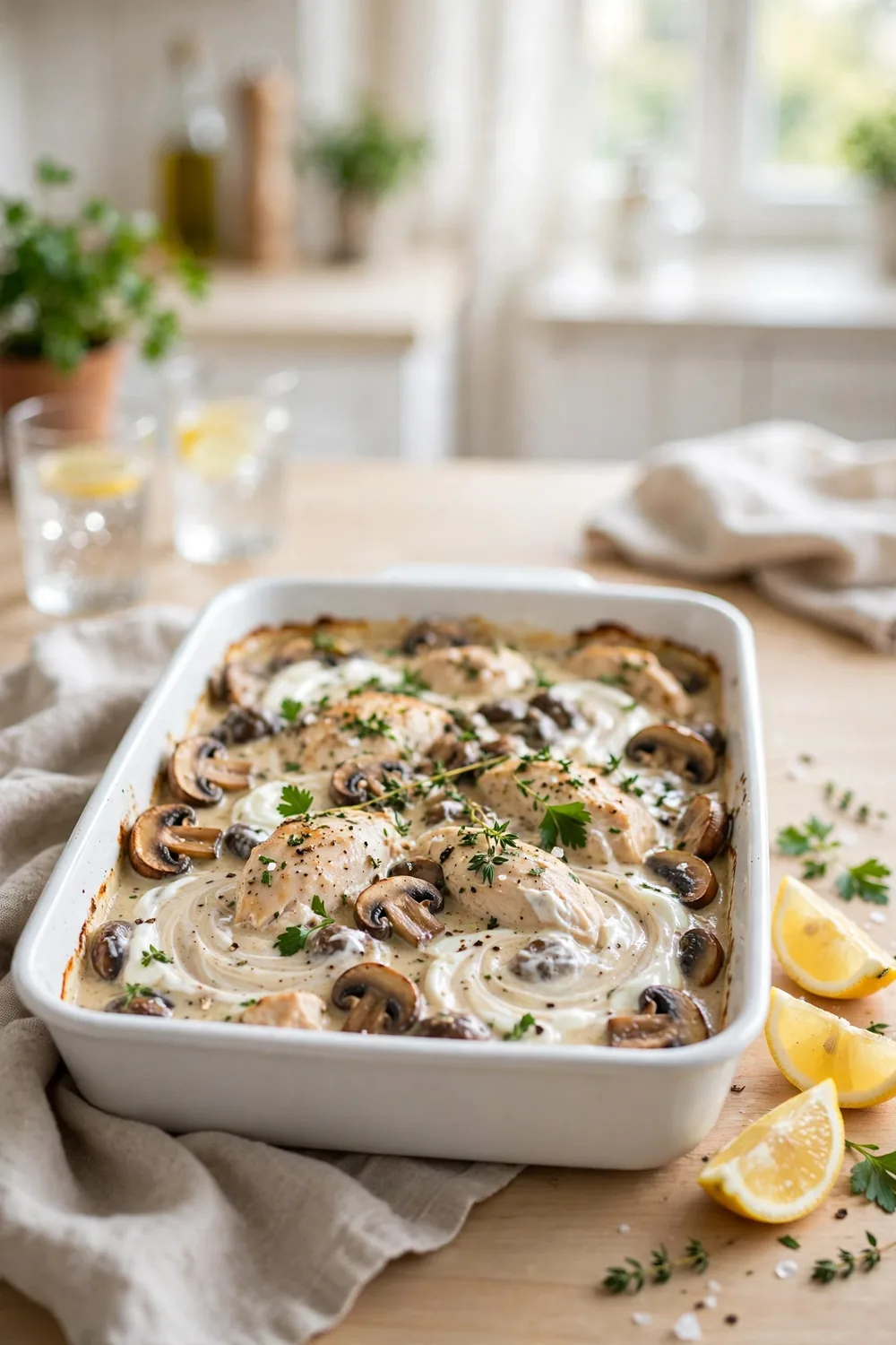 Lighter marsala chicken bake with yogurt and fresh herbs