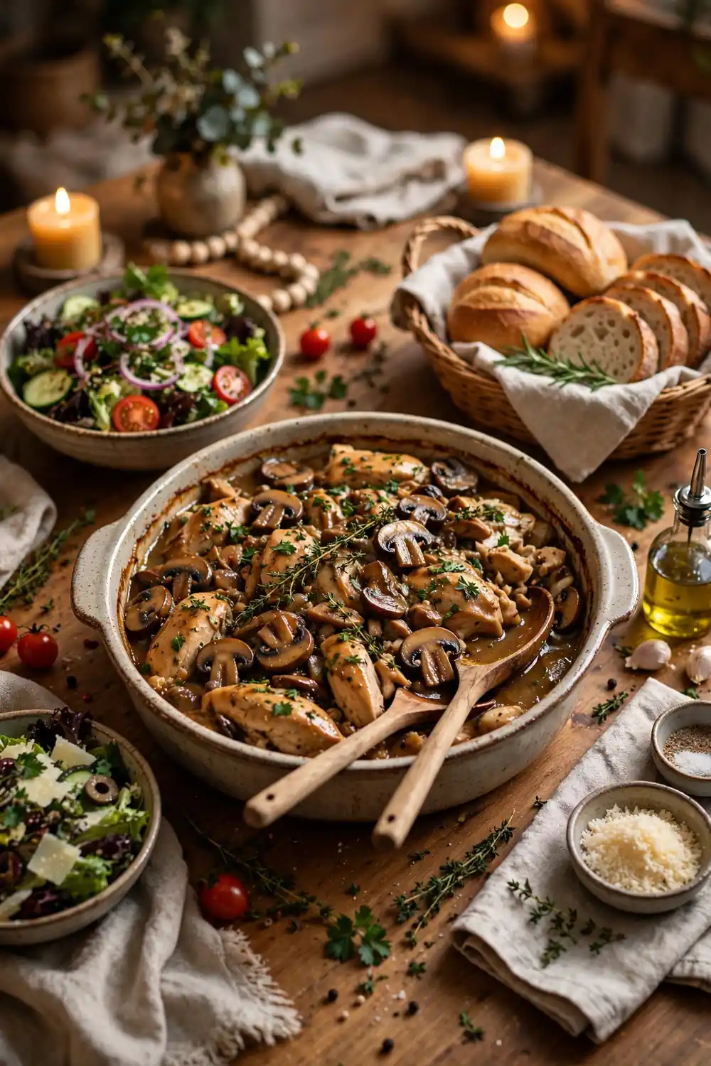 Large marsala chicken bake served family style on a dinner table
