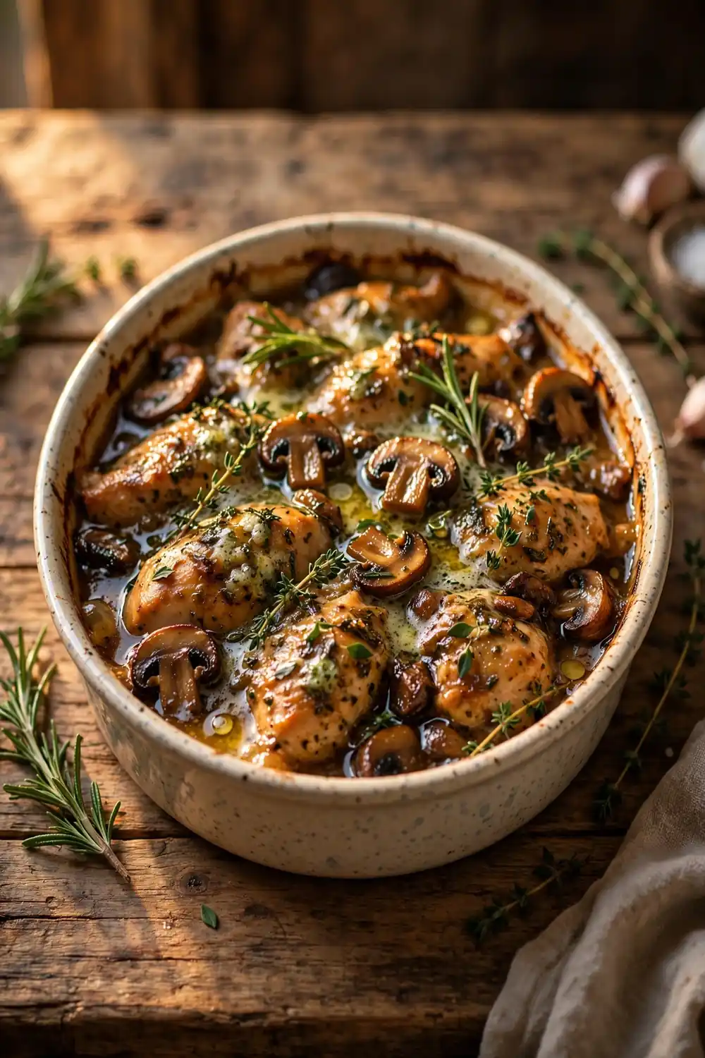 Marsala chicken bake finished with herb butter and thyme