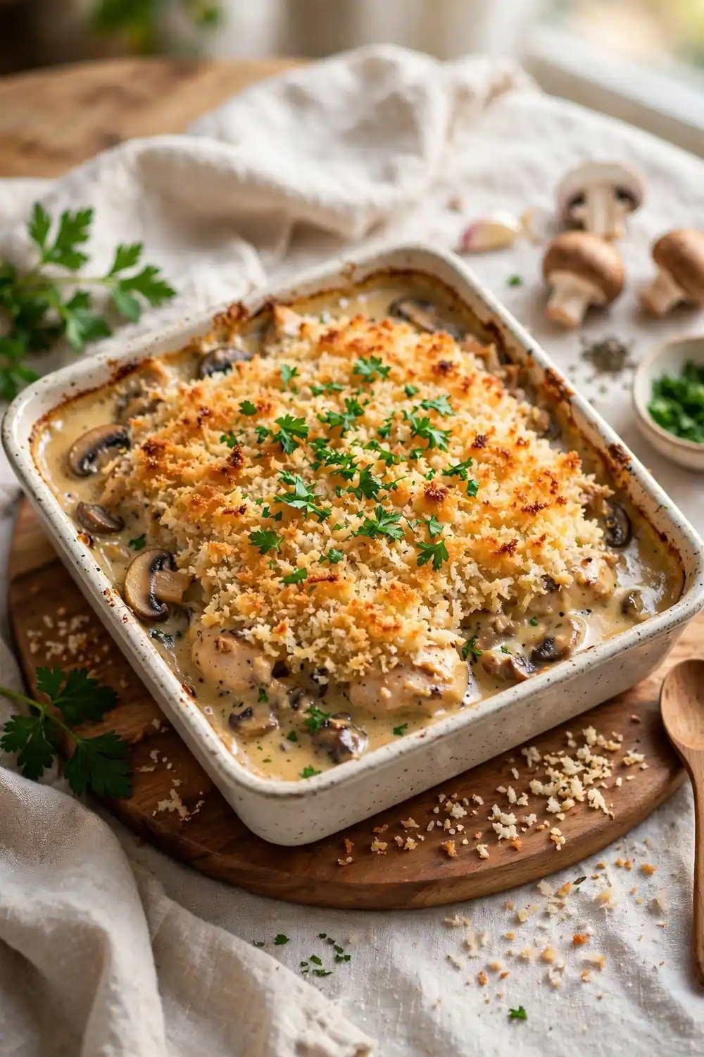 Marsala chicken bake with a crispy golden panko crust