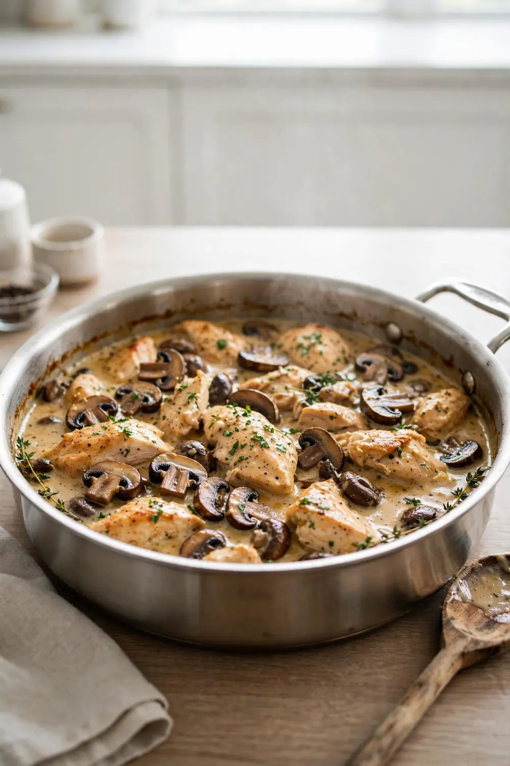 One pan marsala chicken with mushrooms in a steel pan