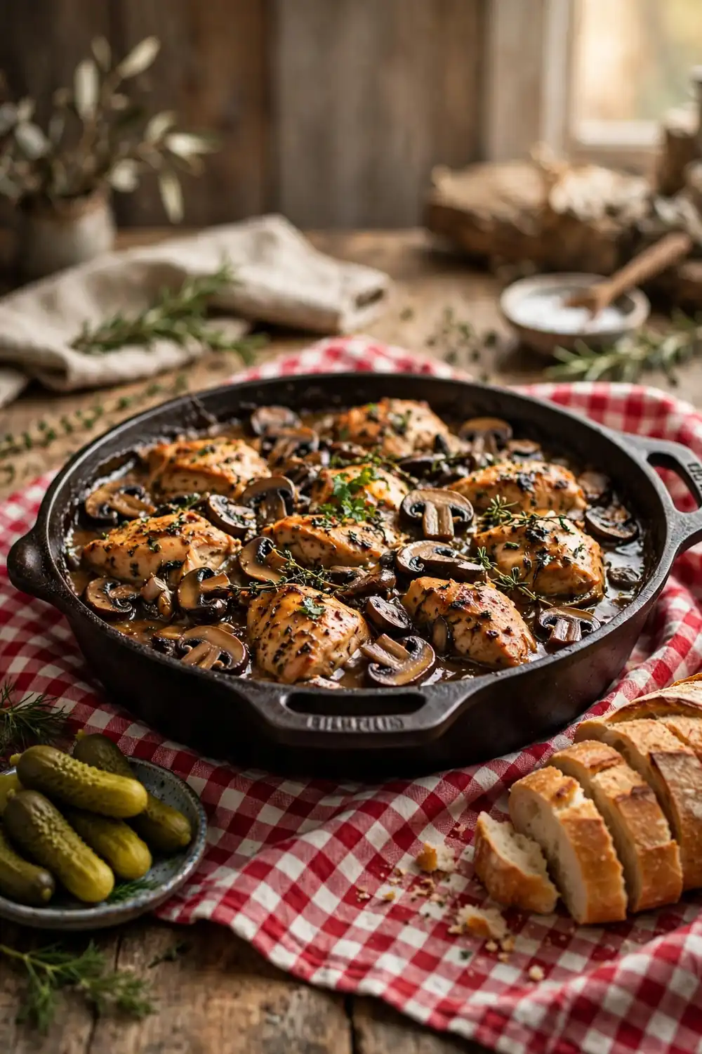 Rustic marsala chicken bake in cast iron with crusty bread