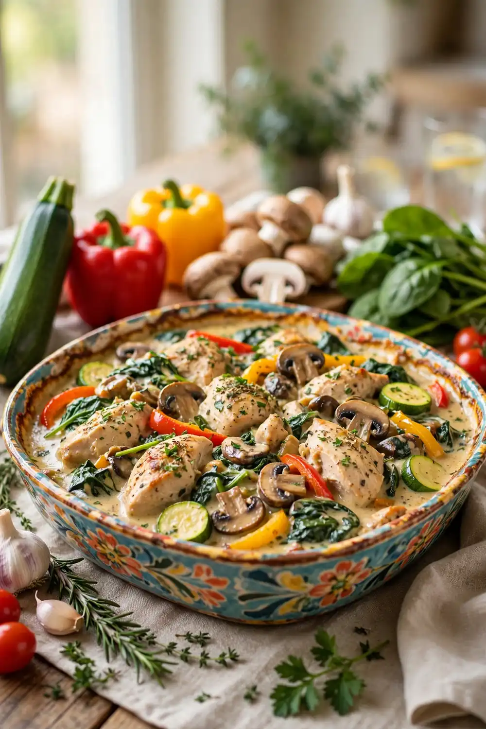 Marsala chicken bake with garden vegetables and spinach