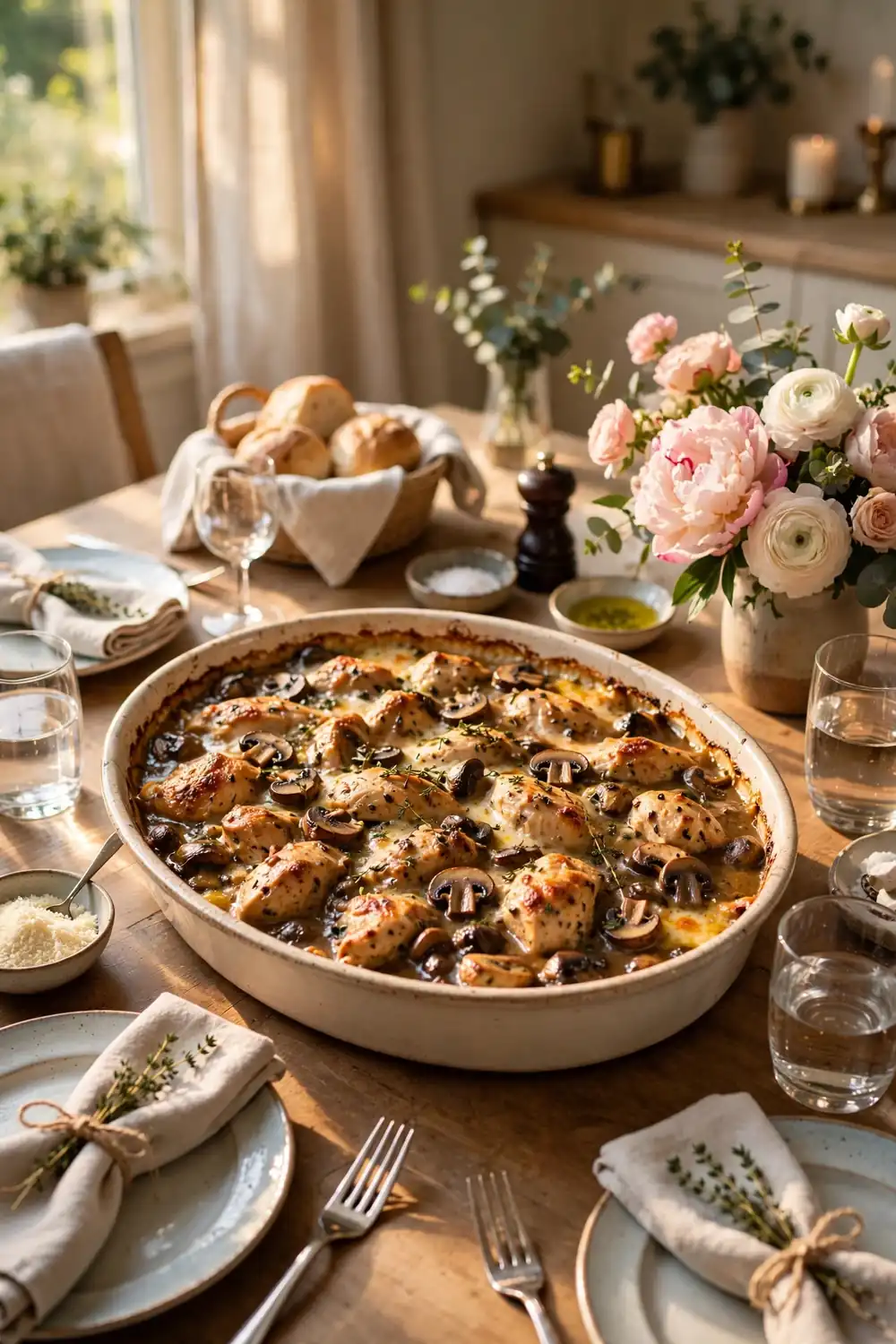 Sunday gathering marsala chicken bake in a large oval dish