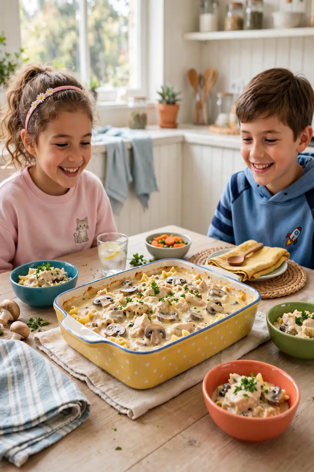Kid friendly marsala chicken bake in colorful bowls