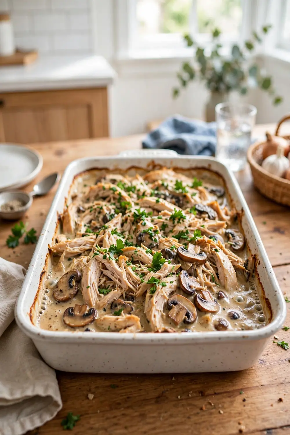 Marsala chicken bake made with leftover rotisserie chicken