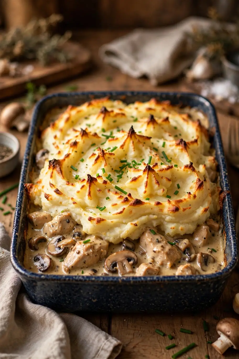 Marsala chicken bake topped with buttery mashed potatoes