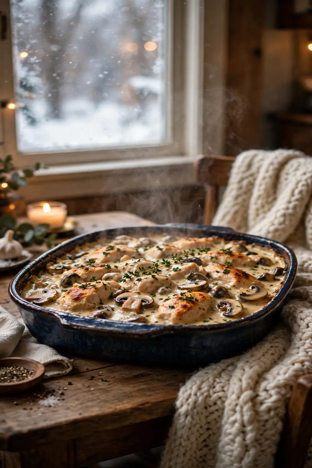 Cozy winter marsala chicken bake steaming in a deep dish