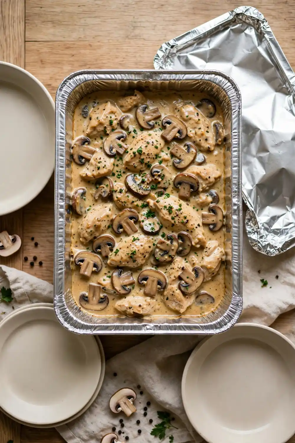 Potluck marsala chicken bake in a foil pan with lid