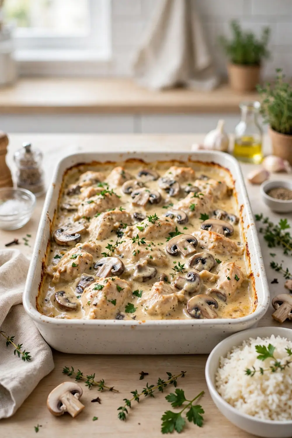 Gluten free marsala chicken bake with rice on the side