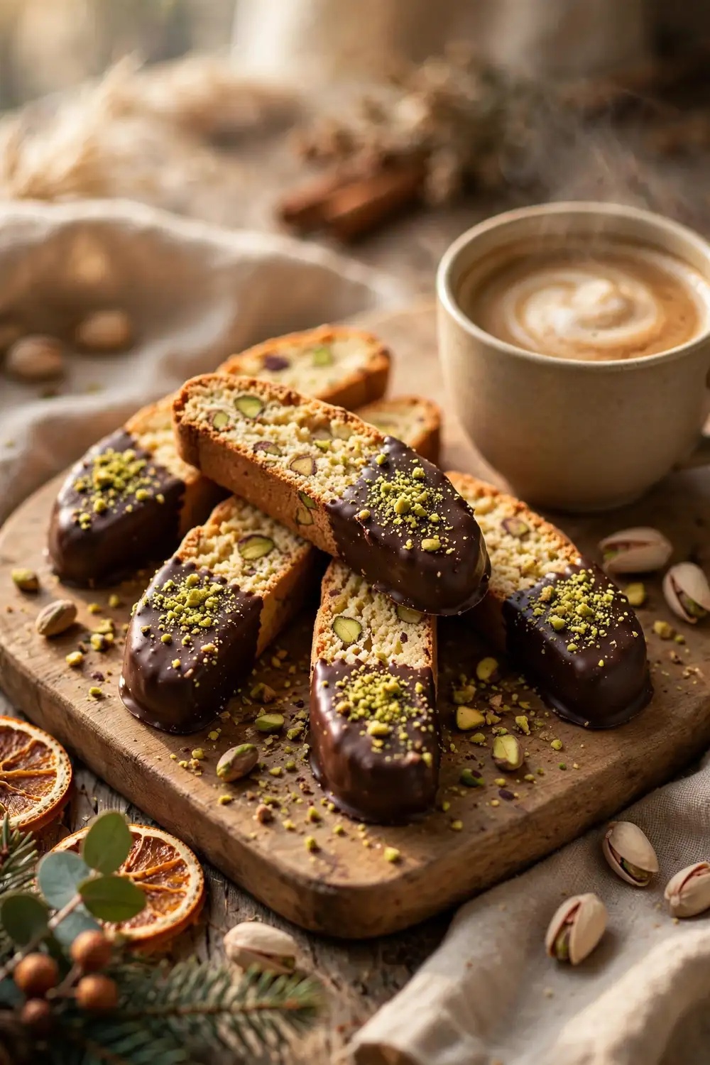 Chocolate dipped pistachio cookies