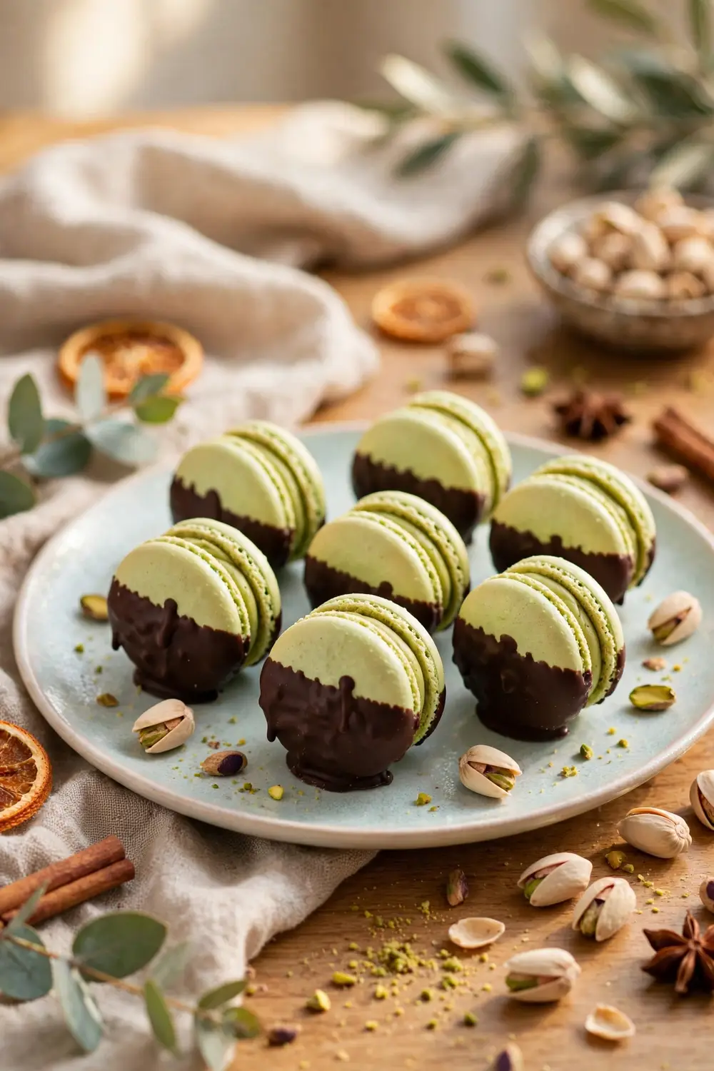 Chocolate dipped pistachio cookies