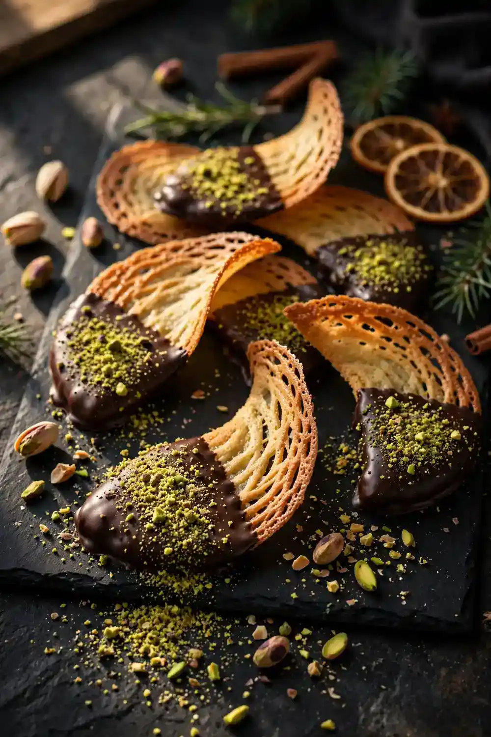 Chocolate dipped pistachio cookies