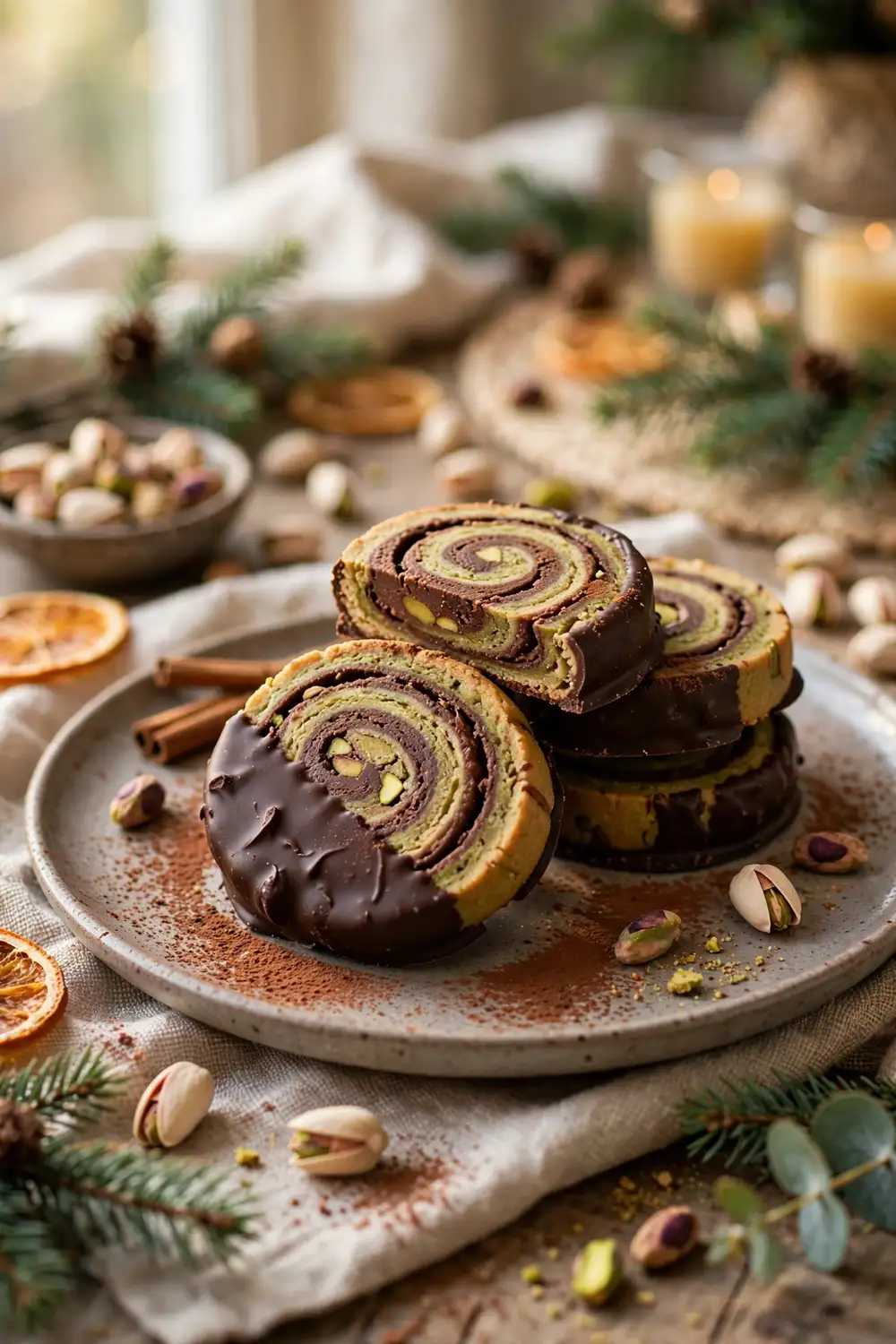 Chocolate dipped pistachio cookies