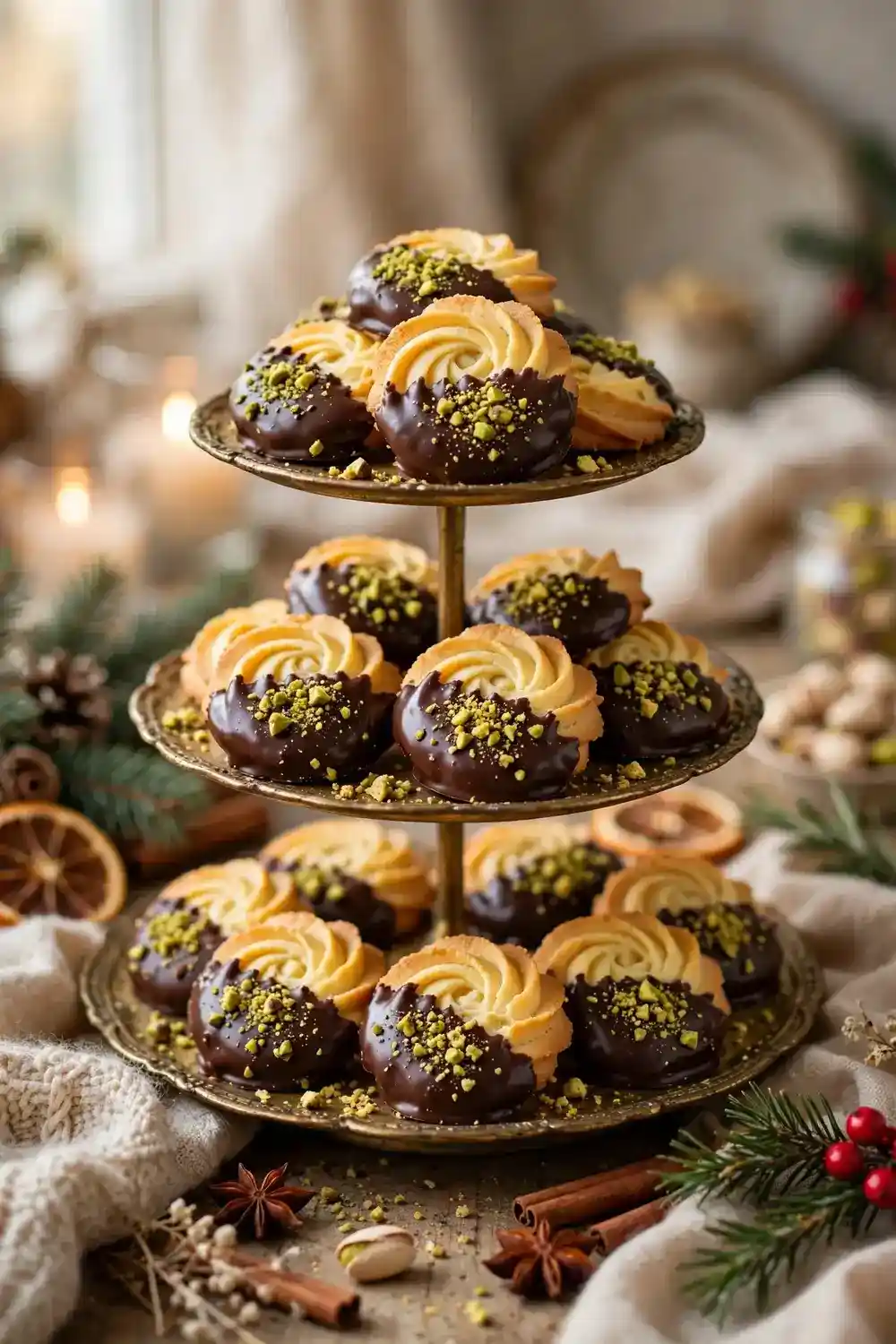 Chocolate dipped pistachio cookies