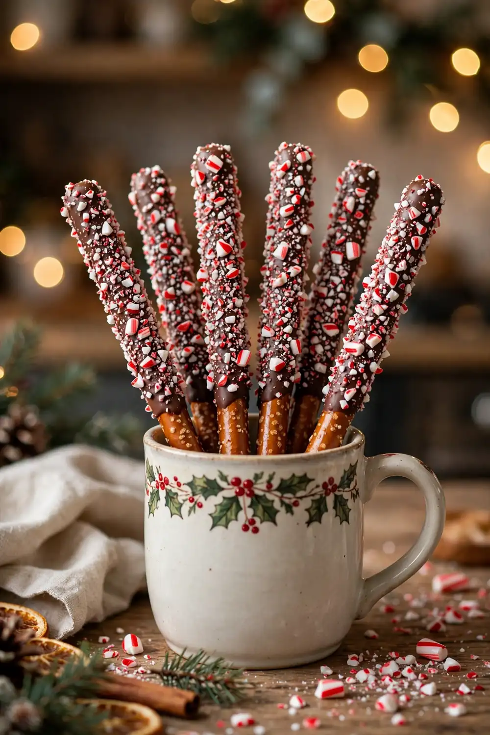 Peppermint crunch chocolate pretzel rods