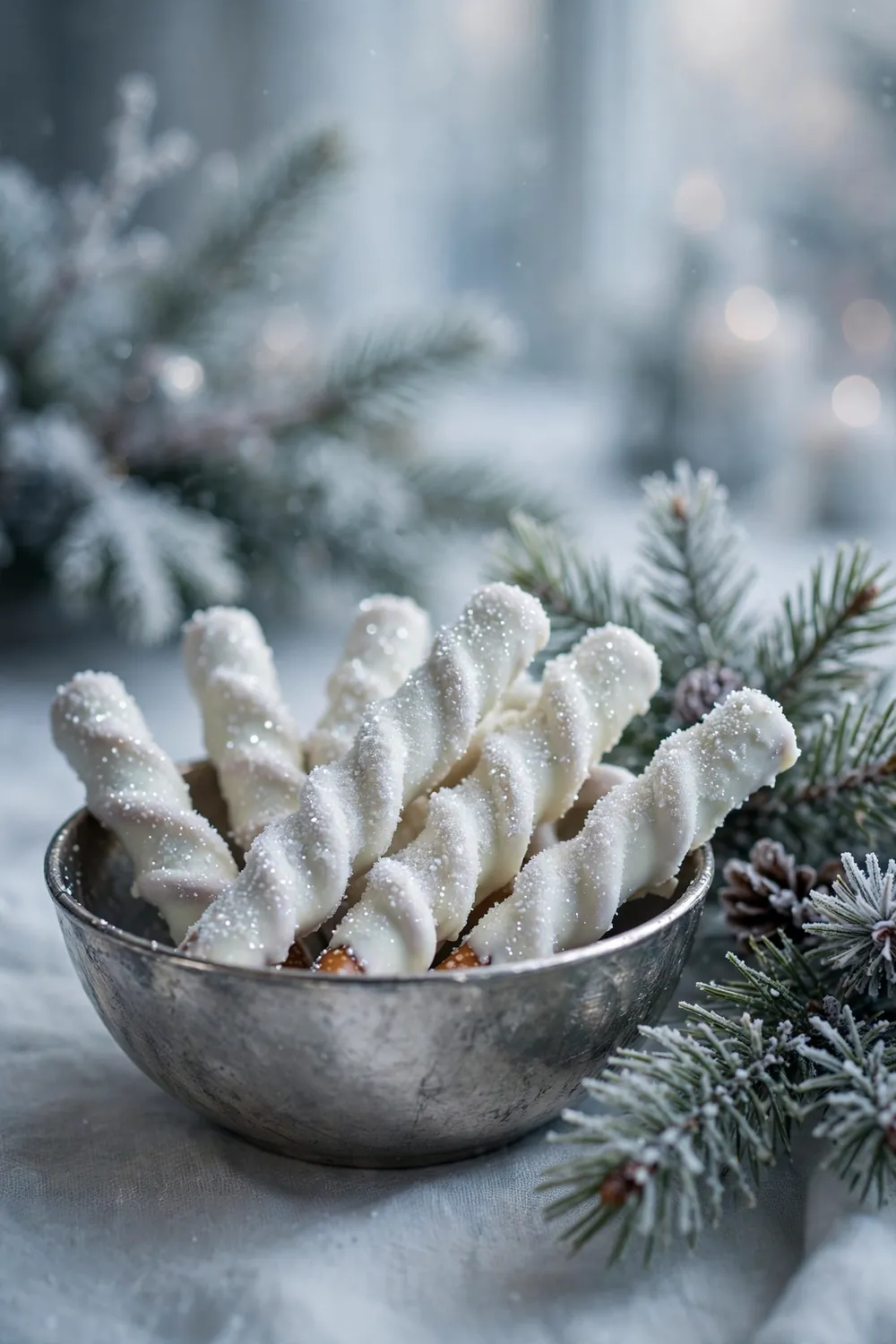 White chocolate snow pretzel rods
