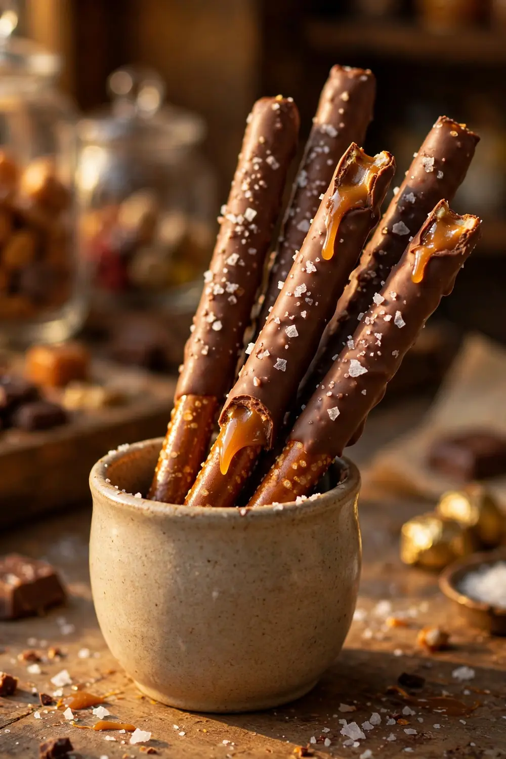Salted caramel chocolate pretzel rods
