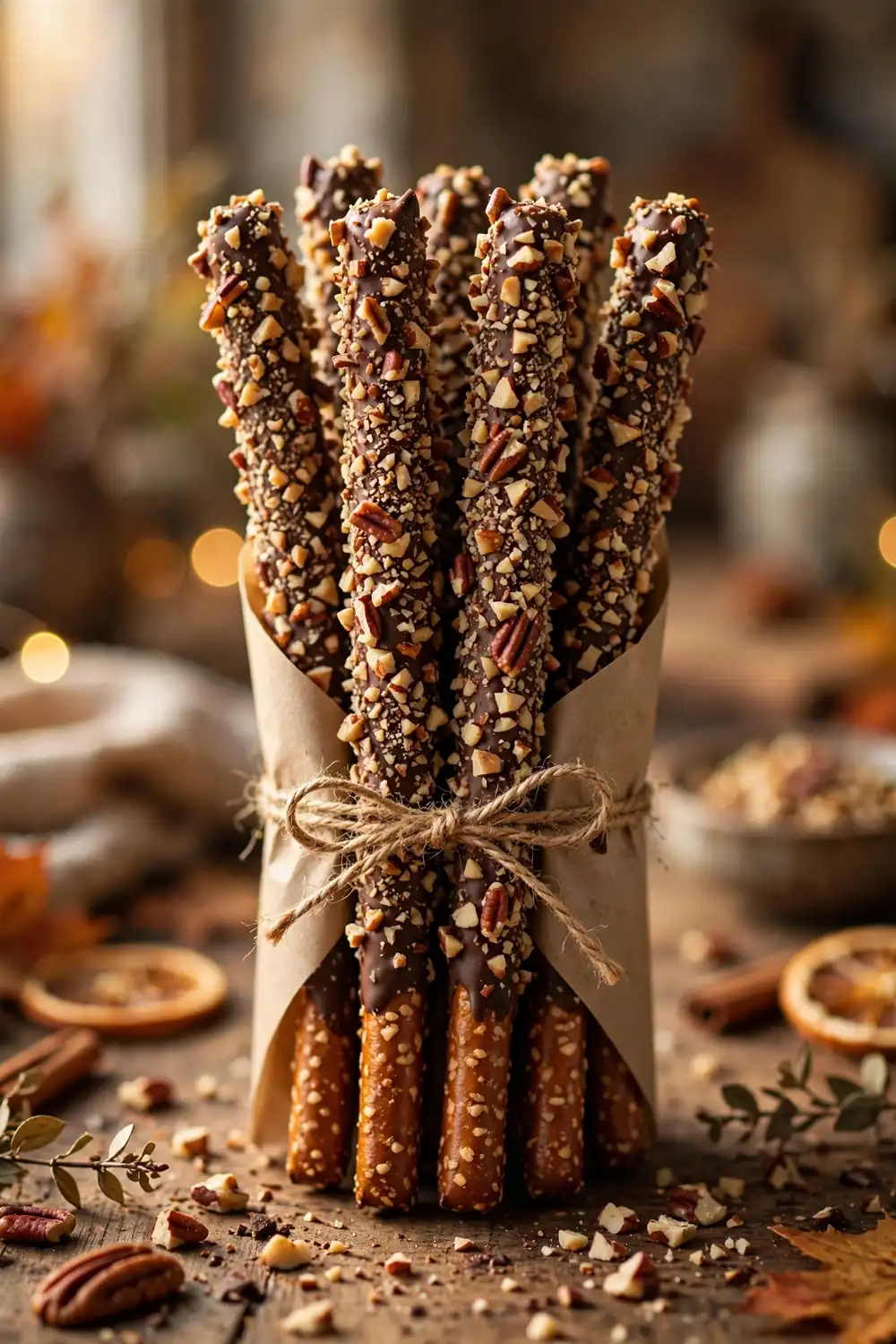 Toasted nut chocolate pretzel rods