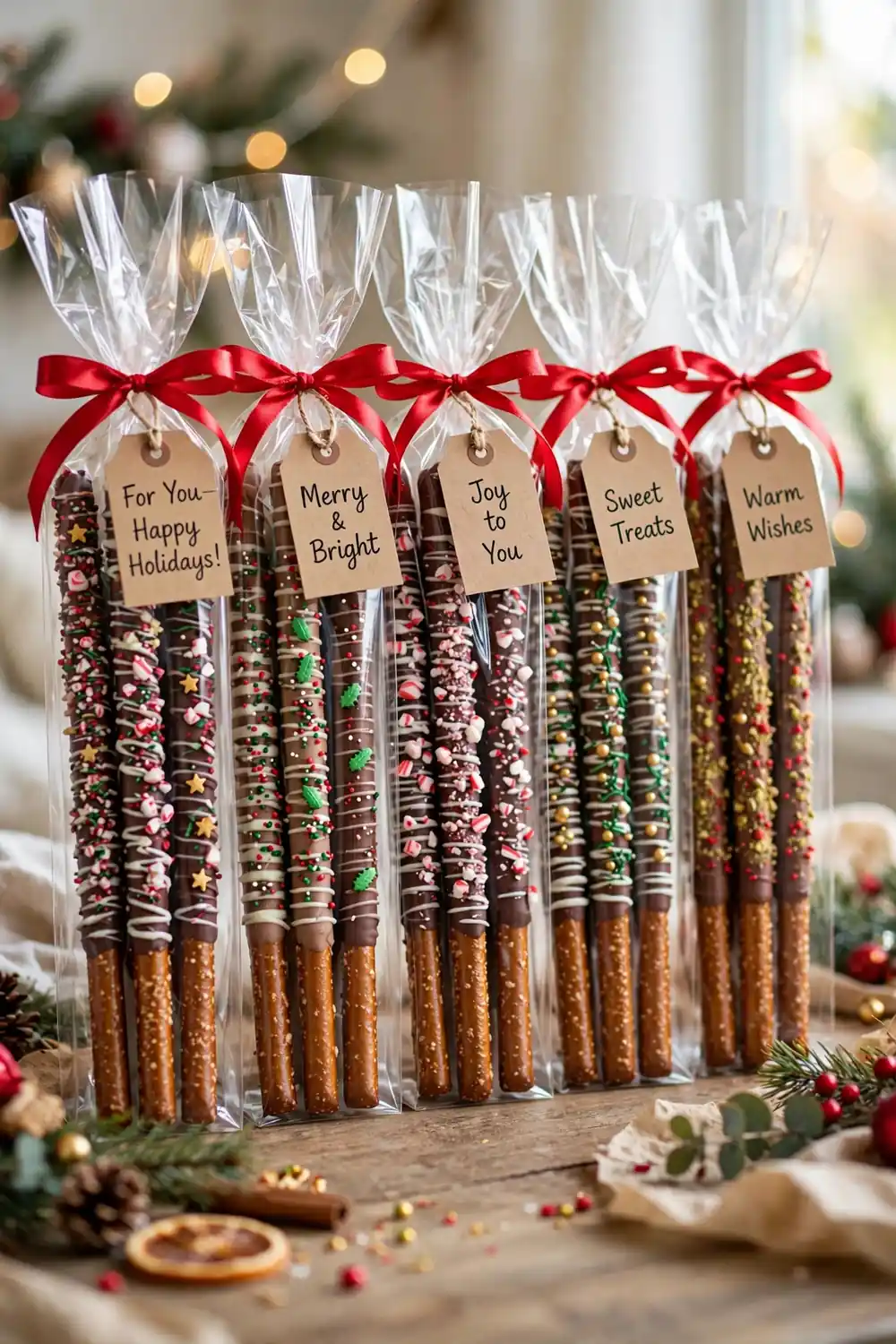 Holiday gift bag chocolate pretzel rods