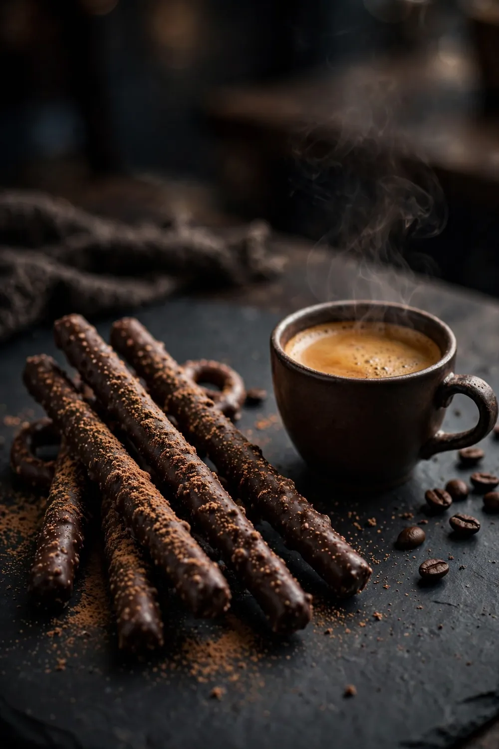 Espresso dusted chocolate pretzel rods