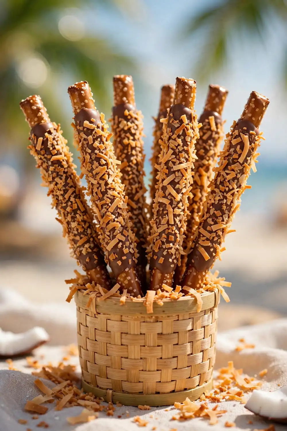 Coconut shredded chocolate pretzel rods