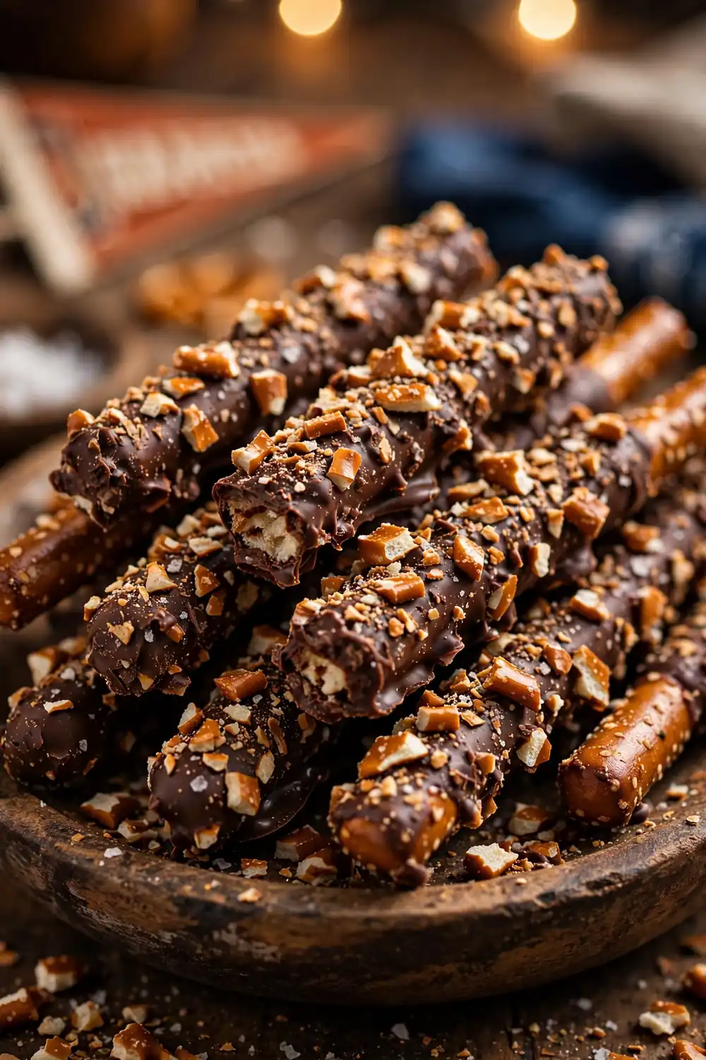 Crushed pretzel twist chocolate rods