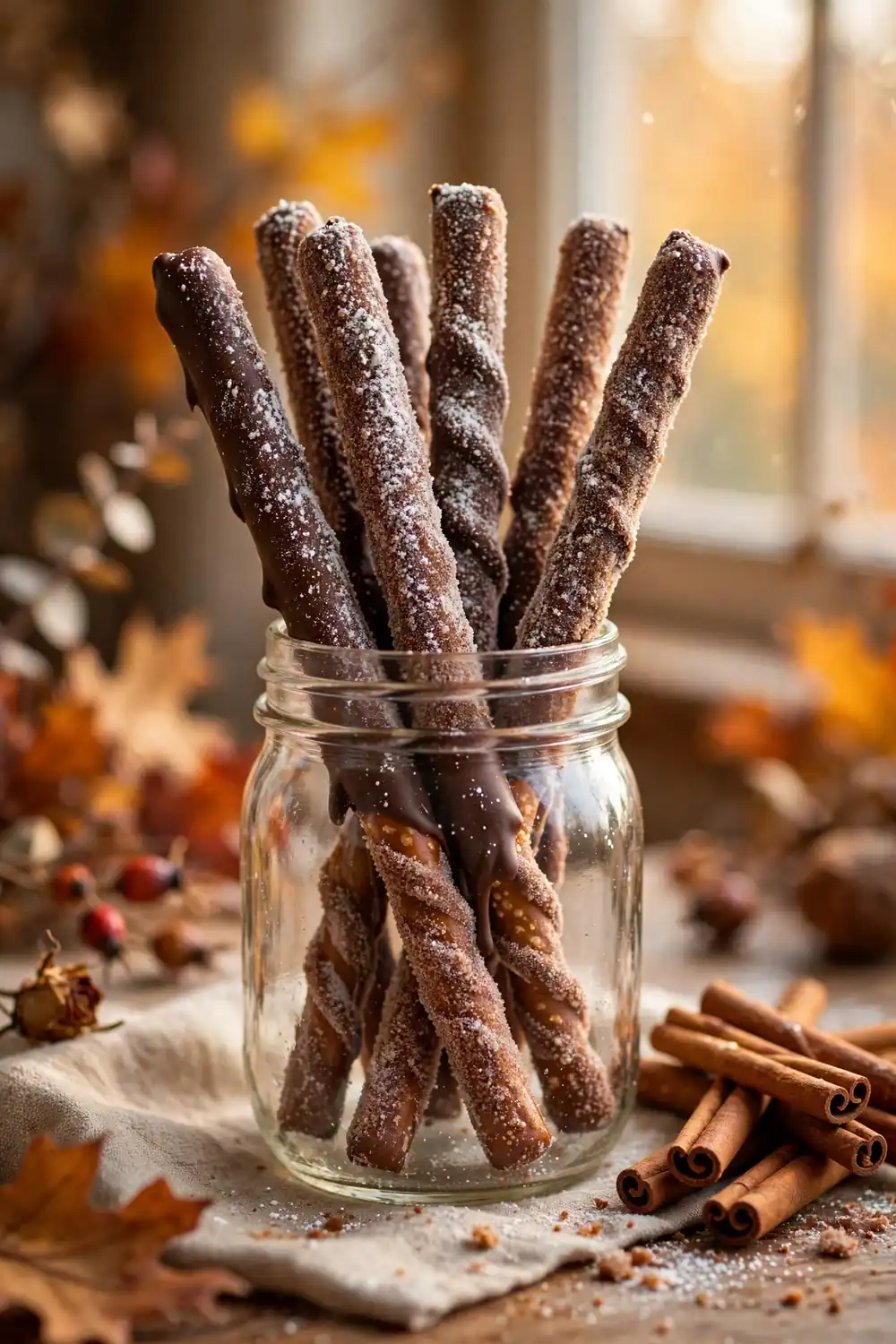 Cinnamon sugar chocolate pretzel rods