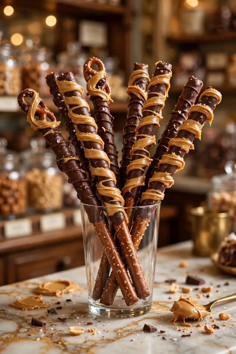 Peanut butter ribbon pretzel rods