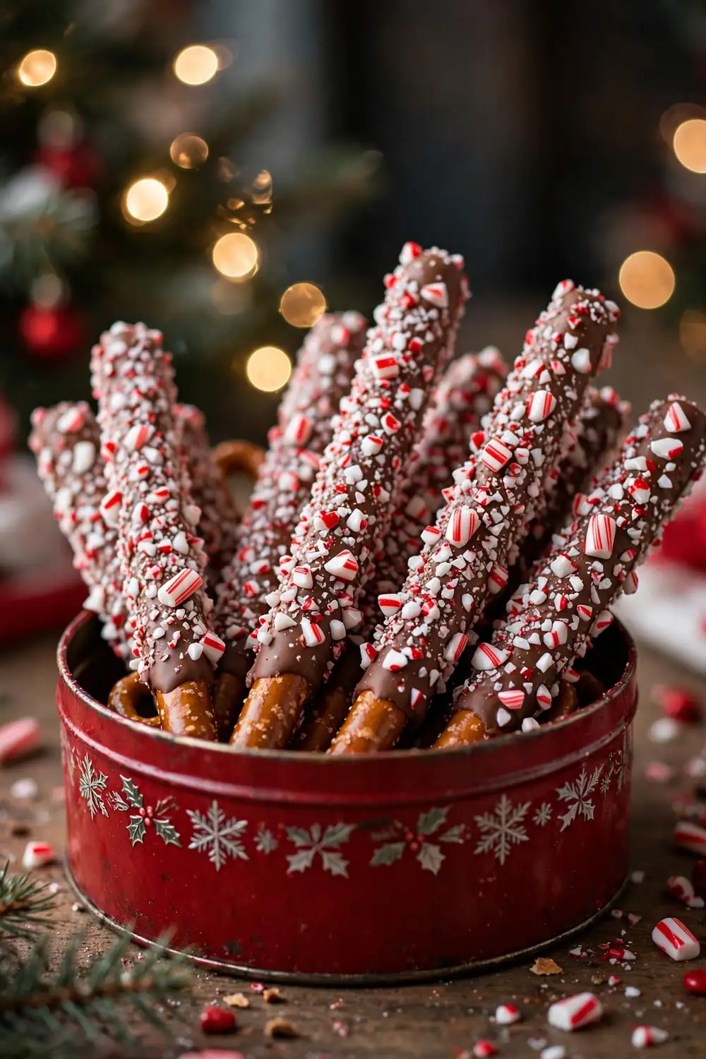 Crushed candy cane pretzel rods