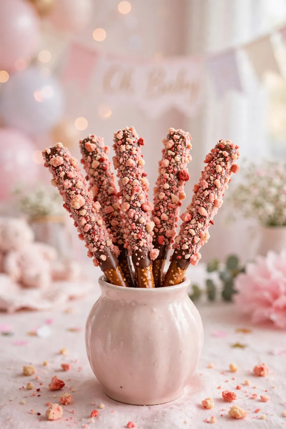 Strawberry shortcake crumb pretzel rods
