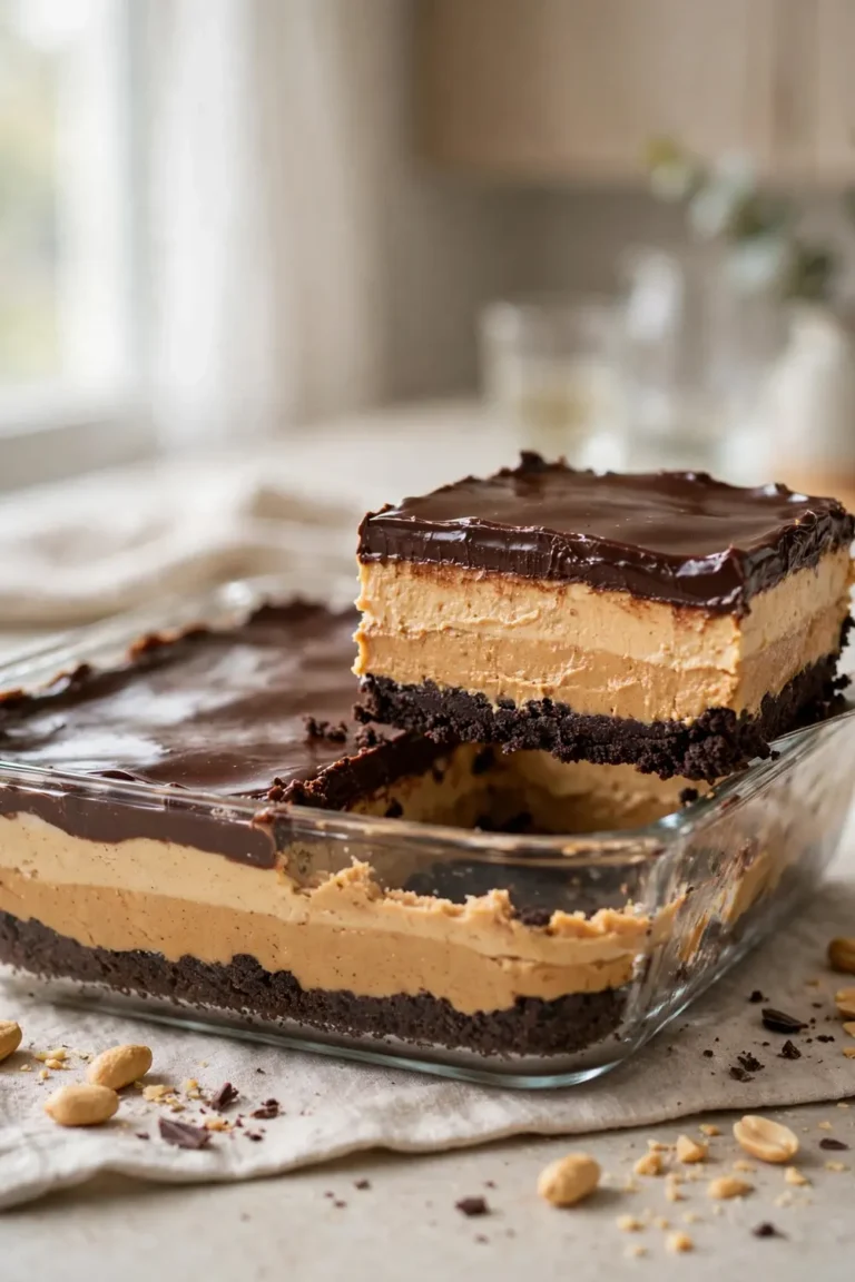 Classic layered chocolate and peanut butter dessert with creamy filling in a glass dish