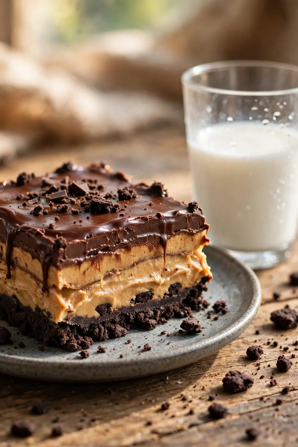 Layered chocolate and peanut butter dessert with crunchy chocolate cookie crust