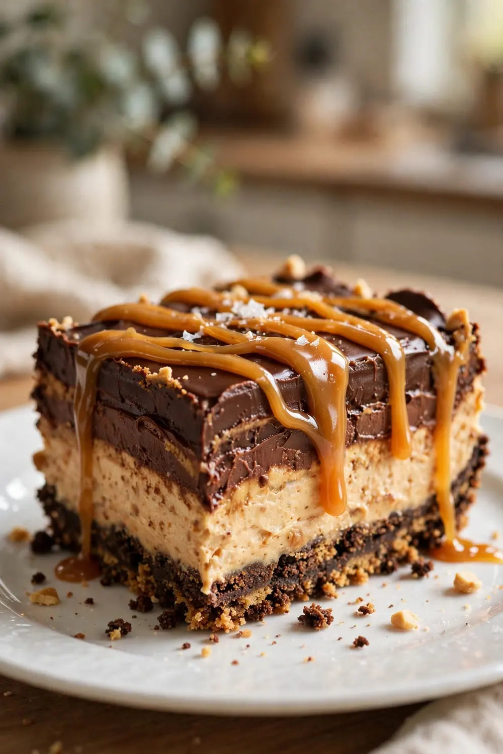 Layered chocolate and peanut butter dessert with salted caramel drizzle on top
