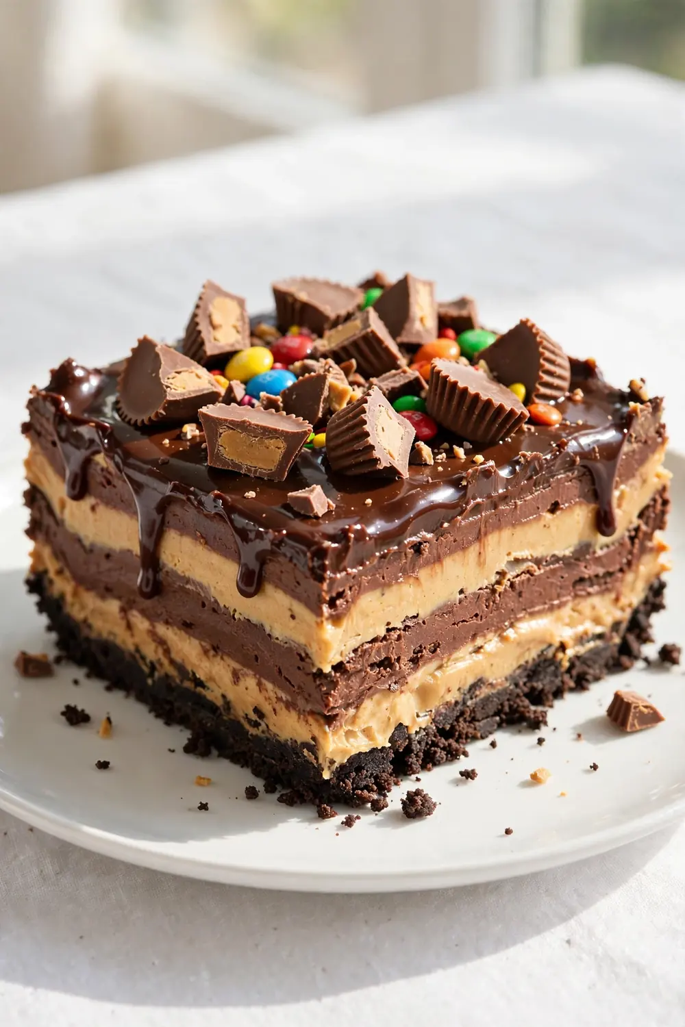 Layered chocolate and peanut butter dessert topped with chopped peanut butter cups