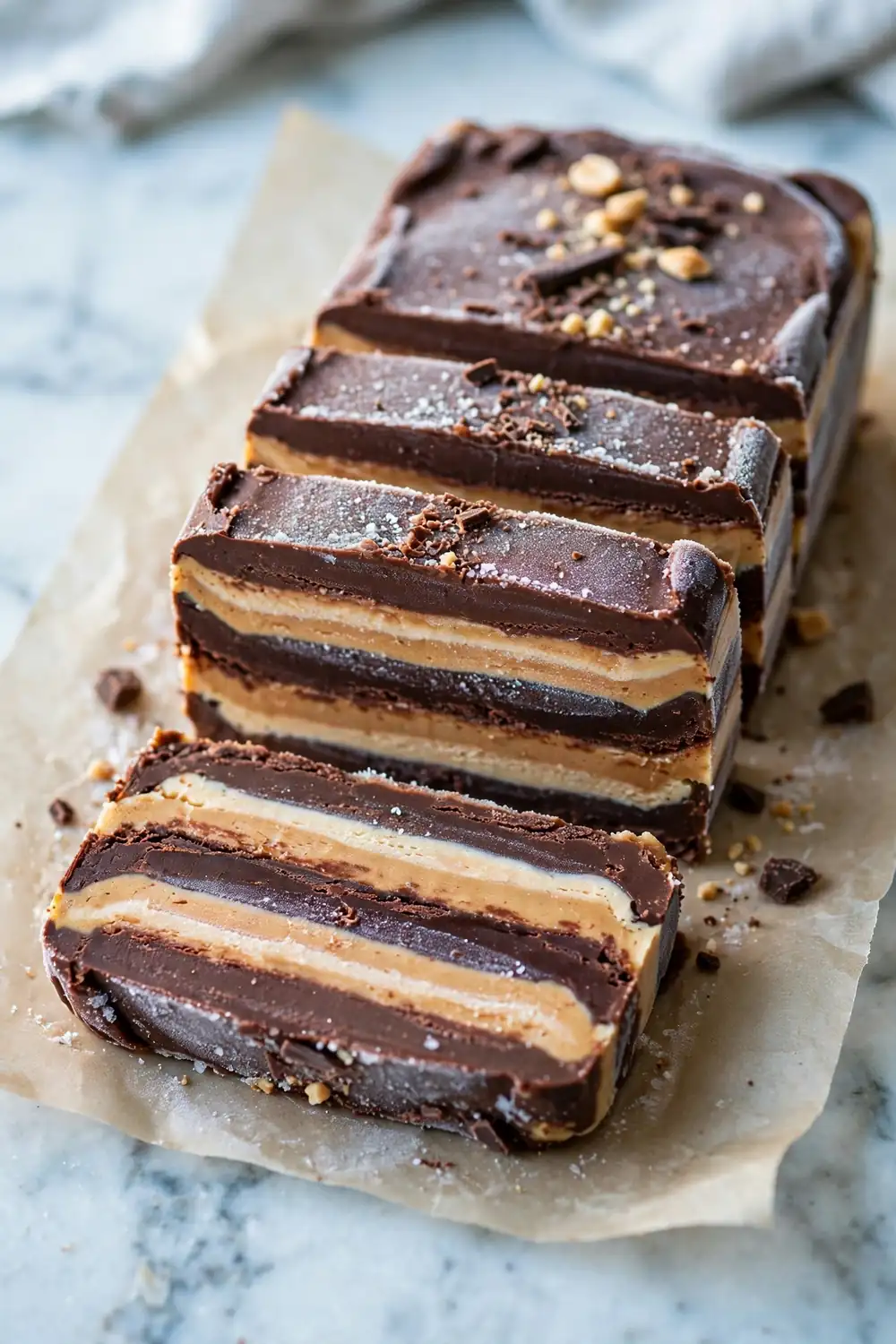 Frozen layered chocolate and peanut butter dessert with fudge layers in a loaf pan
