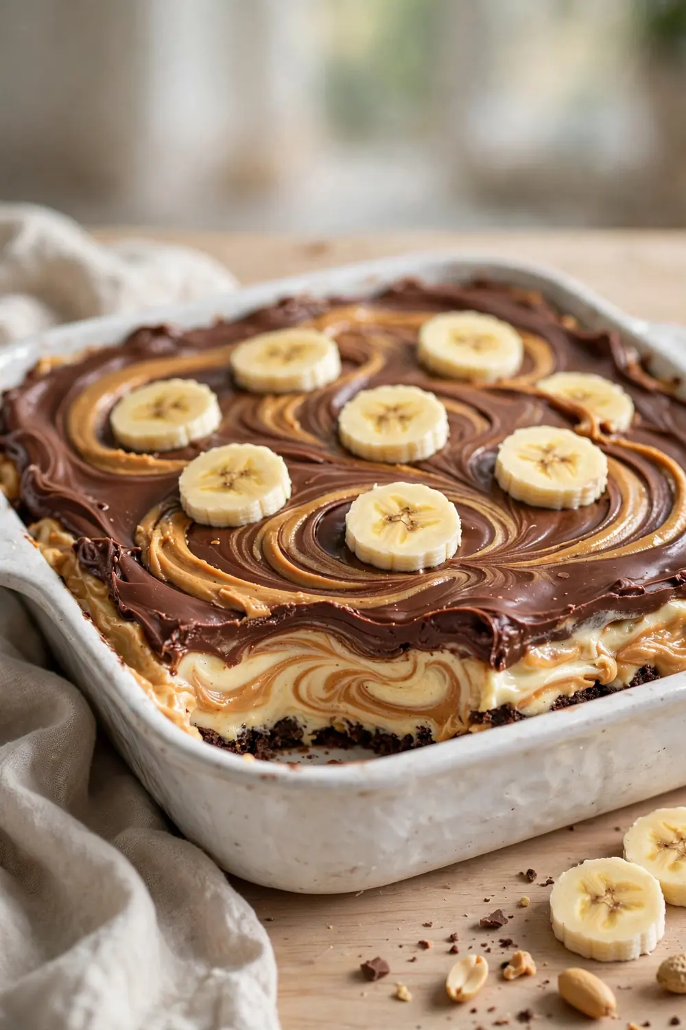 Layered chocolate and peanut butter dessert with banana swirl and peanut butter ribbons