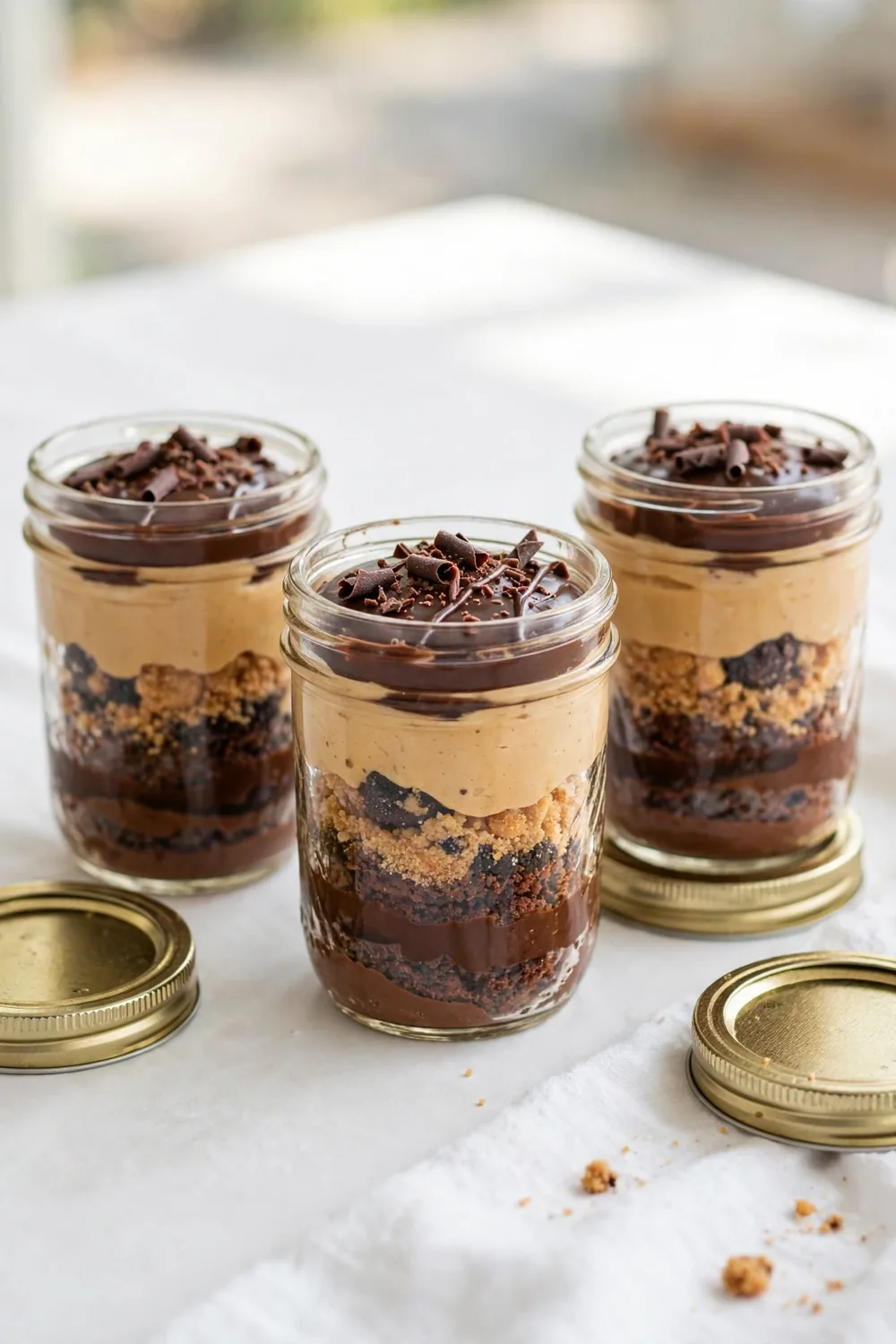 Mini mason jars layered with chocolate and peanut butter dessert