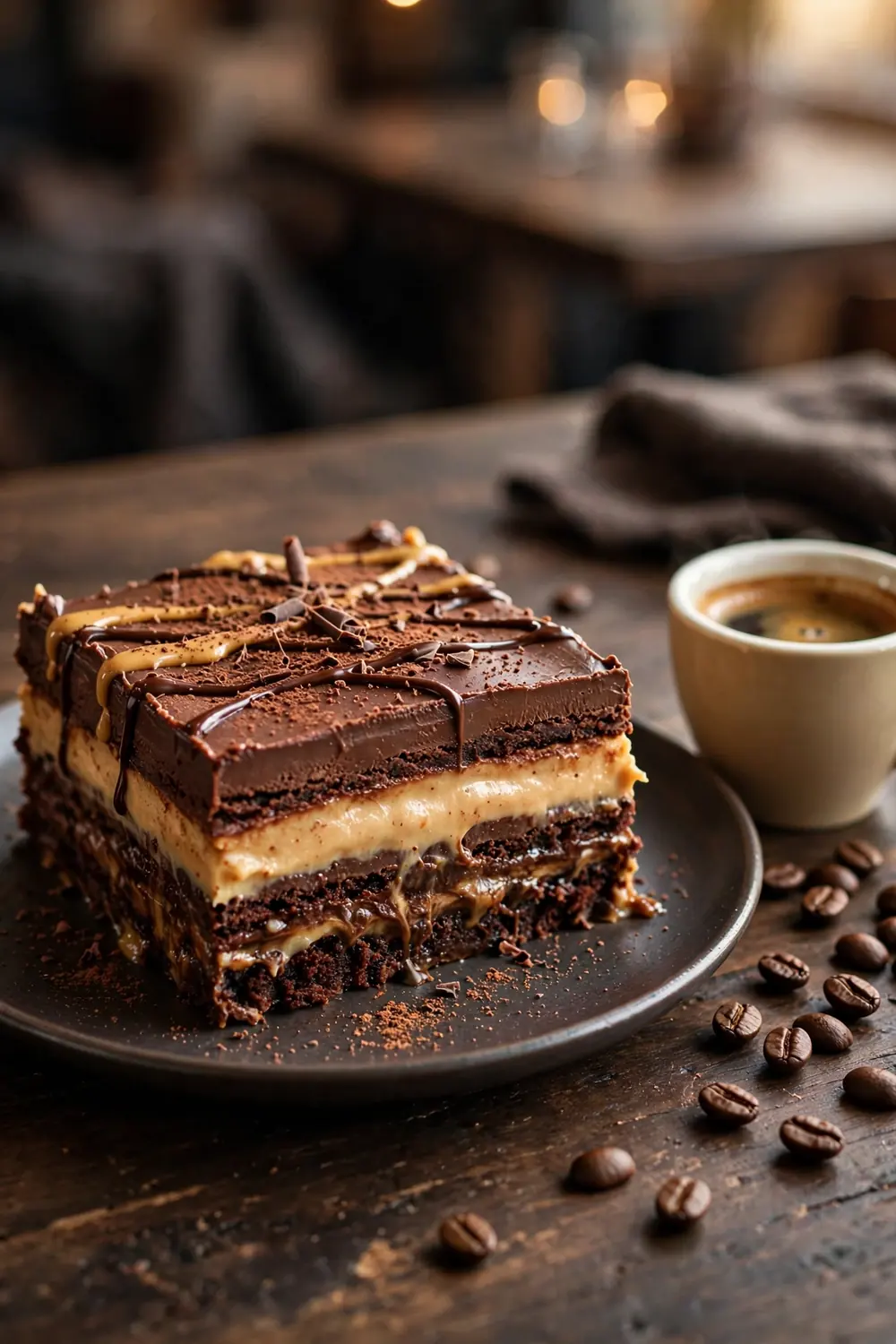 Layered chocolate and peanut butter dessert with espresso mocha flavor in a glass dish
