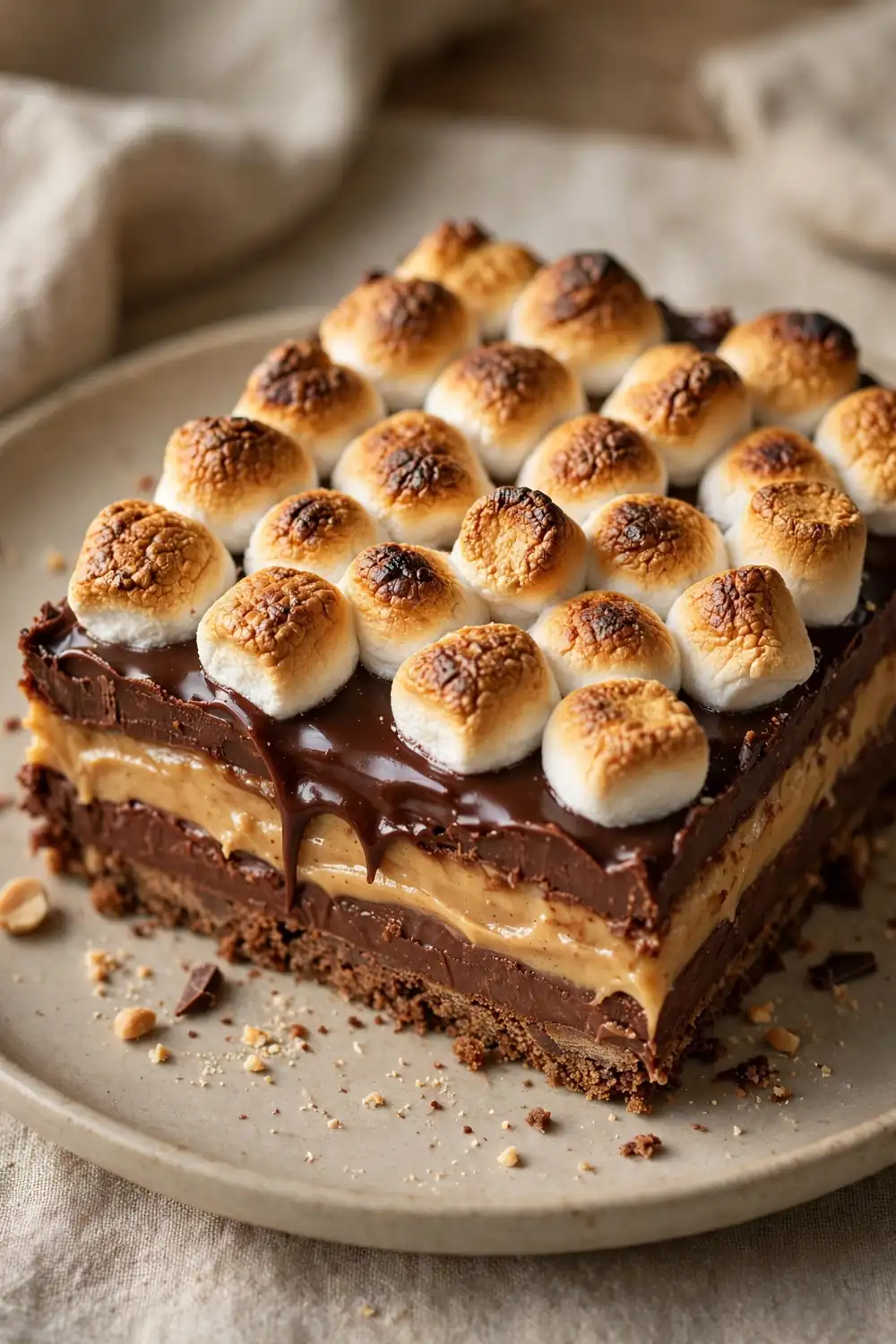 Layered chocolate and peanut butter dessert with toasted golden marshmallow topping