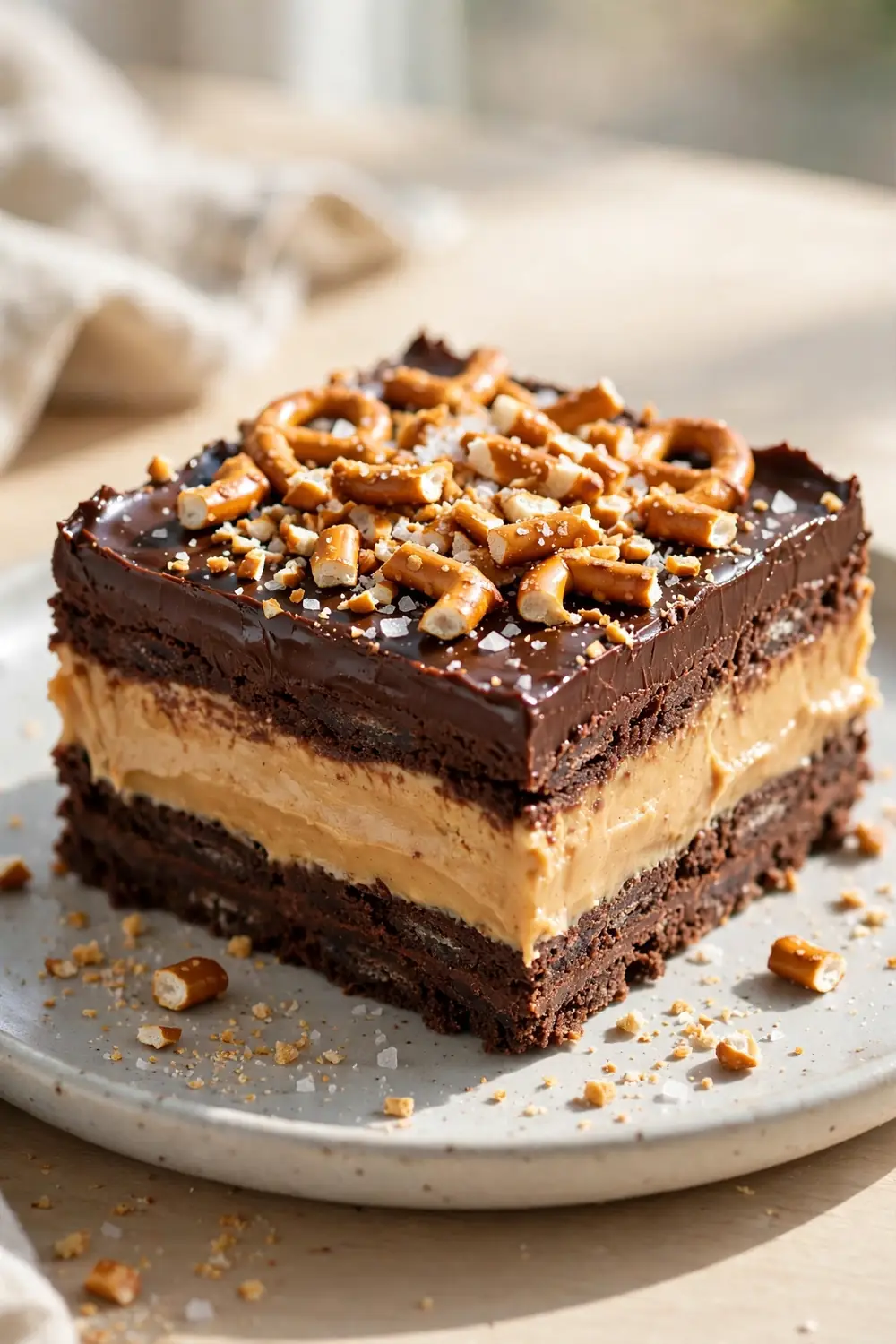 Layered chocolate and peanut butter dessert with crushed pretzels and coarse salt