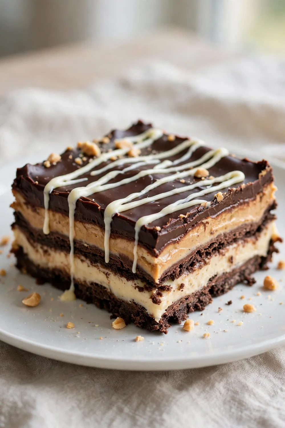 Layered chocolate and peanut butter dessert with white chocolate drizzle zigzags